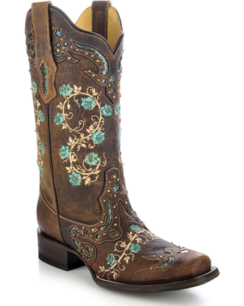 Details about   Womens New Fashion Floral Embroidered Square Toe Western Cowyboy Boots Shoes 584